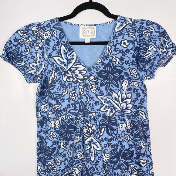 Sail To Sable XS Blue White Floral Print Mini Dress Puff Sleeves Fit and Flare - Picture 3 of 9